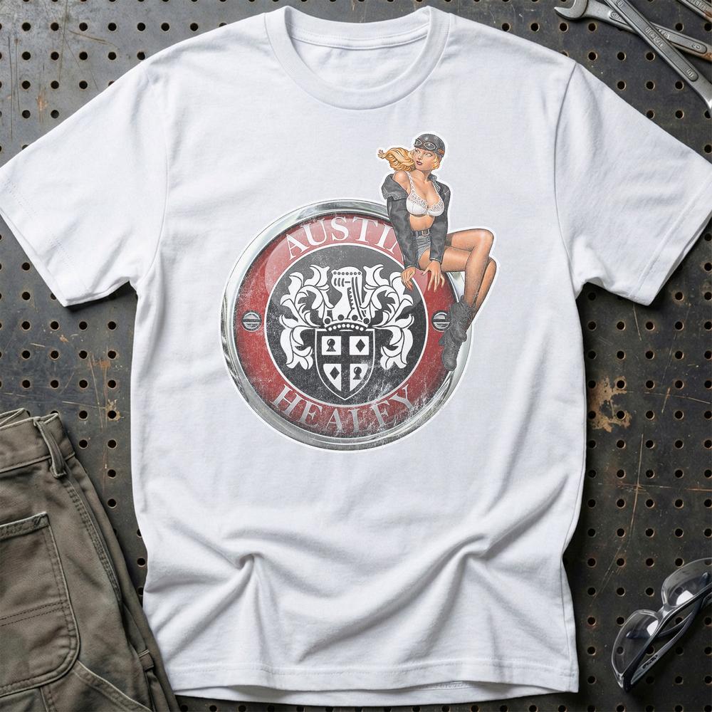 Austin Healey Pinup - Unisex T-Shirt , Bomuld-Beklædning-Austin Healey-Hvid-S-Garage Culture Shop- garage - man cave - merchandise