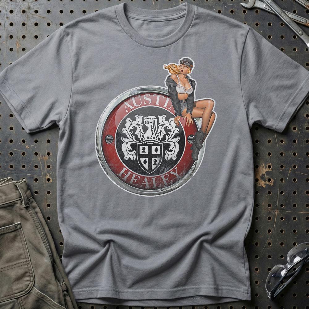Austin Healey Pinup - Unisex T-Shirt , Bomuld-Beklædning-Austin Healey-Grå Sport-S-Garage Culture Shop- garage - man cave - merchandise