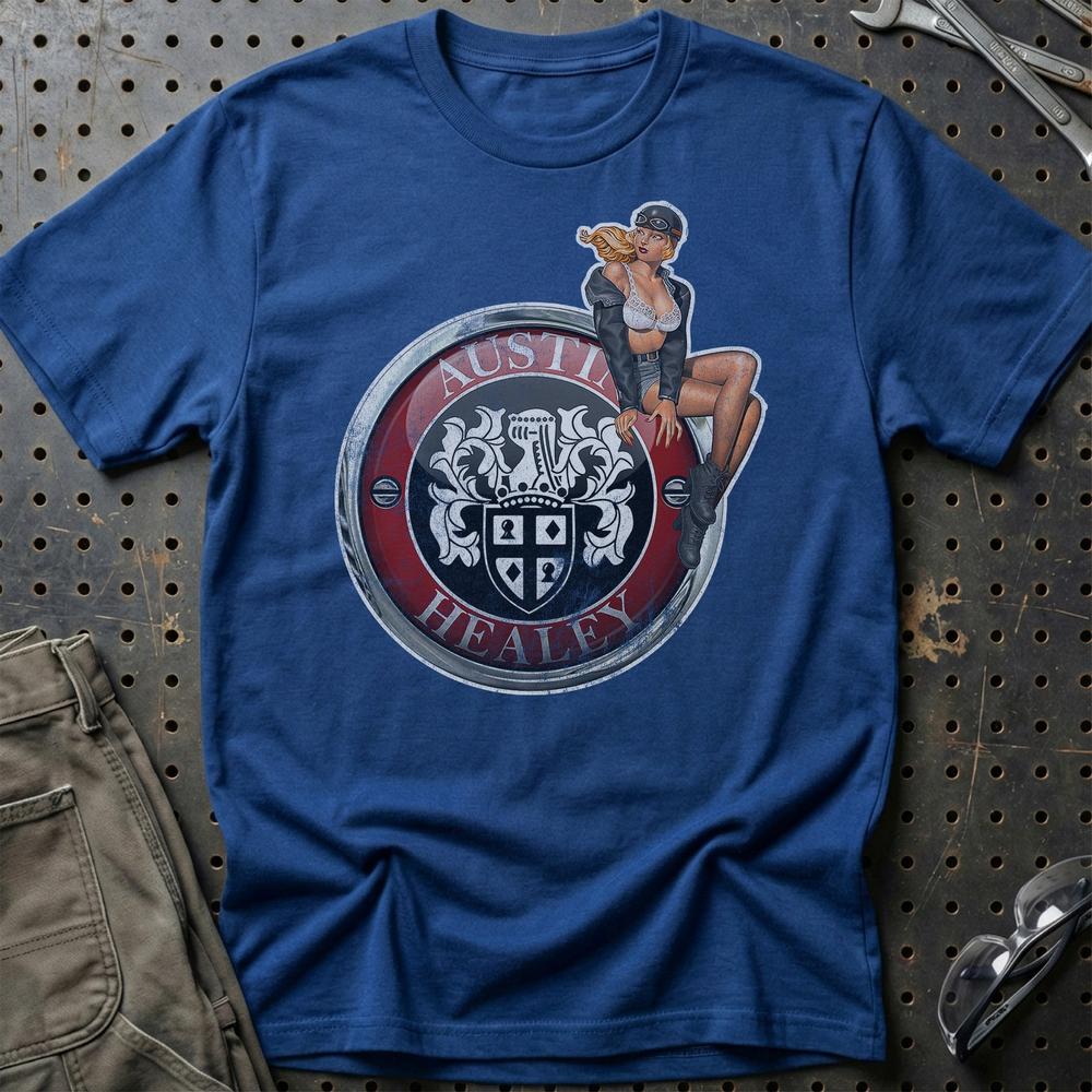 Austin Healey Pinup - Unisex T-Shirt , Bomuld-Beklædning-Austin Healey-Blå Royal-S-Garage Culture Shop- garage - man cave - merchandise