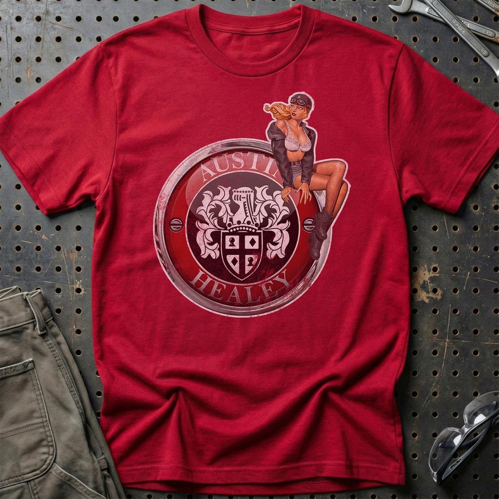 Austin Healey Pinup - Unisex T-Shirt , Bomuld-Beklædning-Austin Healey-Rød-S-Garage Culture Shop- garage - man cave - merchandise