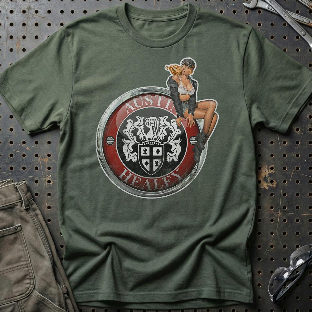 Austin Healey Pinup - Unisex T-Shirt , Bomuld-Beklædning-Austin Healey-Grøn Militær-S-Garage Culture Shop- garage - man cave - merchandise