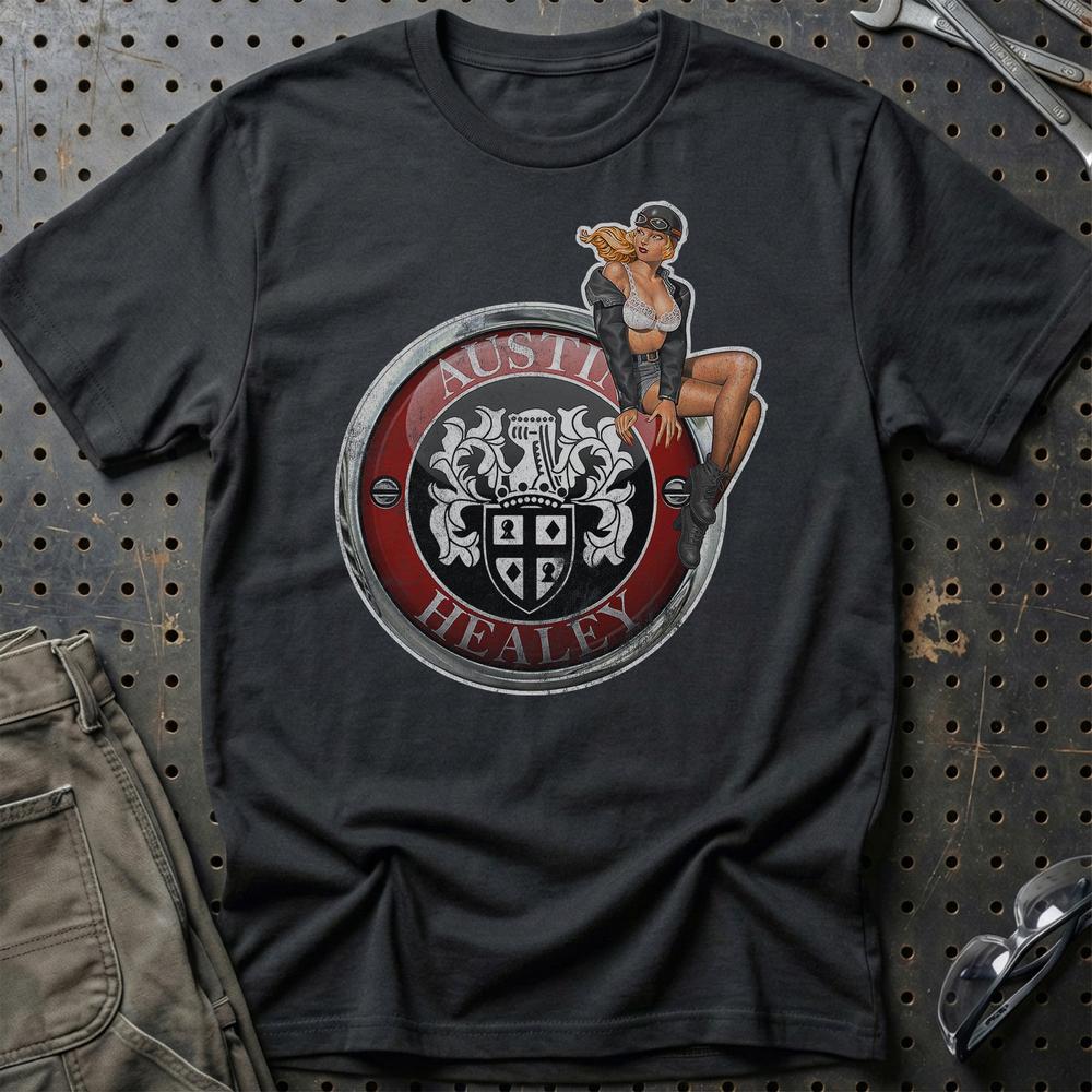 Austin Healey Pinup - Unisex T-Shirt , Bomuld-Beklædning-Austin Healey-Sort-S-Garage Culture Shop- garage - man cave - merchandise