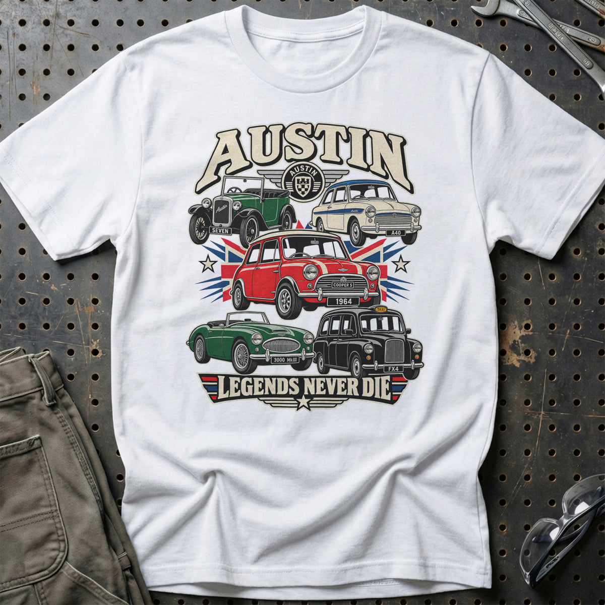 Austin Legends Never Die T-Shirt-Beklædning-Austin-Hvid-S-Garage Culture Shop- garage - man cave - merchandise