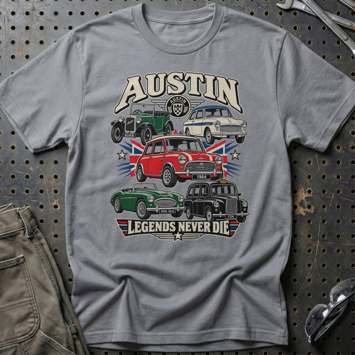 Austin Legends Never Die T-Shirt-Beklædning-Austin-Grå Sport-S-Garage Culture Shop- garage - man cave - merchandise