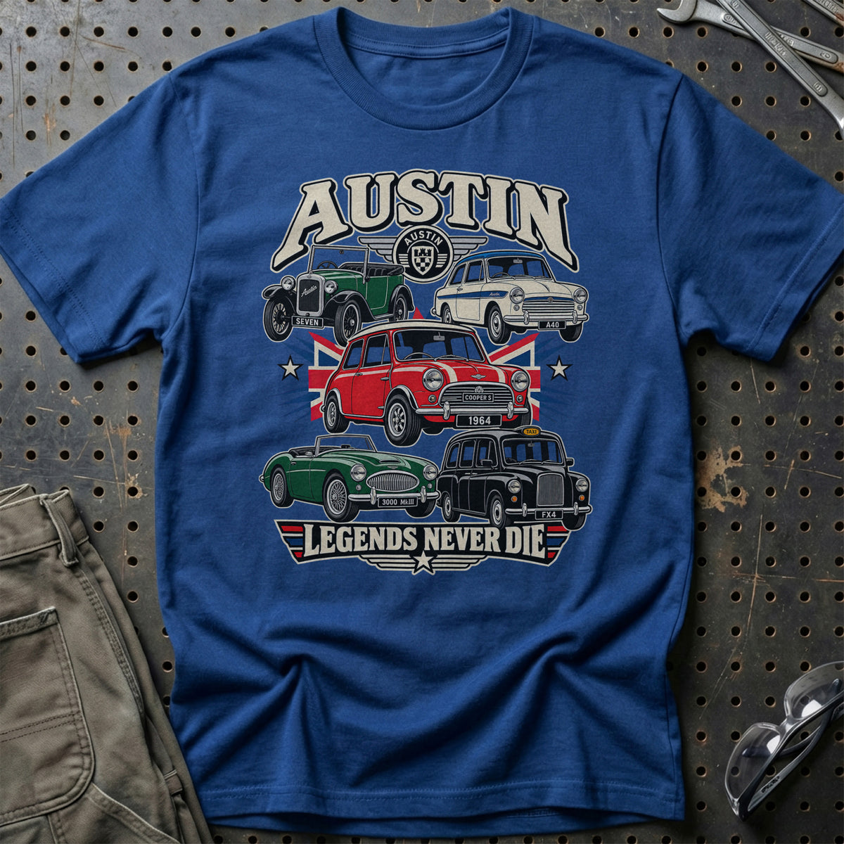 Austin Legends Never Die T-Shirt-Beklædning-Austin-Blå Royal-S-Garage Culture Shop- garage - man cave - merchandise