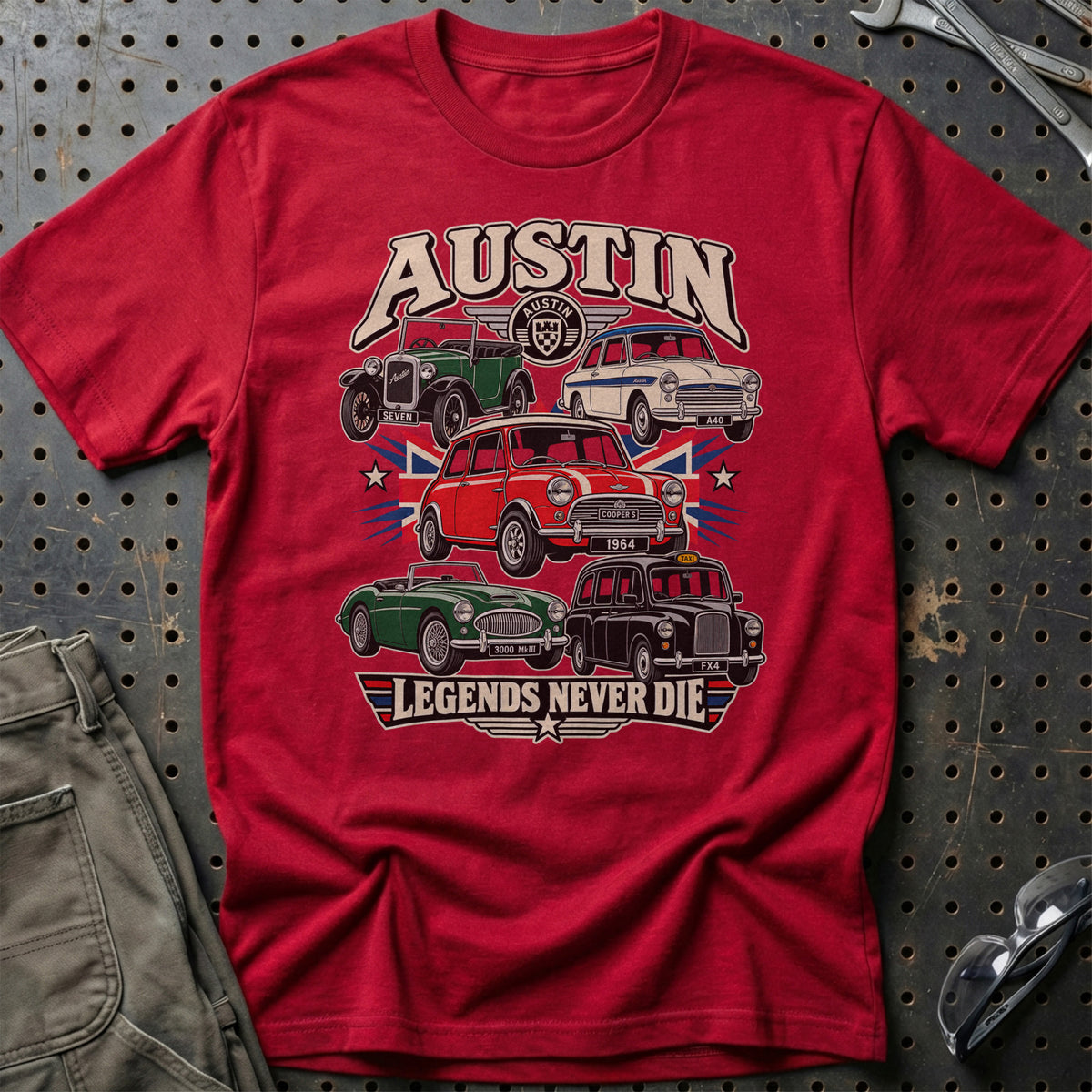 Austin Legends Never Die T-Shirt-Beklædning-Austin-Rød-S-Garage Culture Shop- garage - man cave - merchandise
