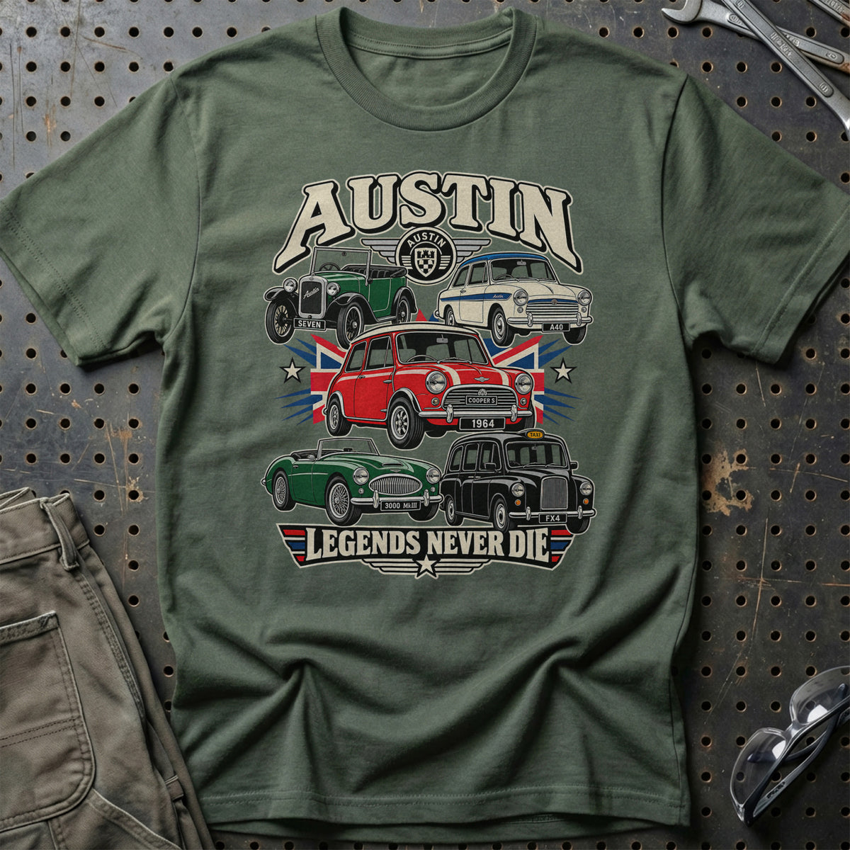 Austin Legends Never Die T-Shirt-Beklædning-Austin-Grøn Militær-S-Garage Culture Shop- garage - man cave - merchandise