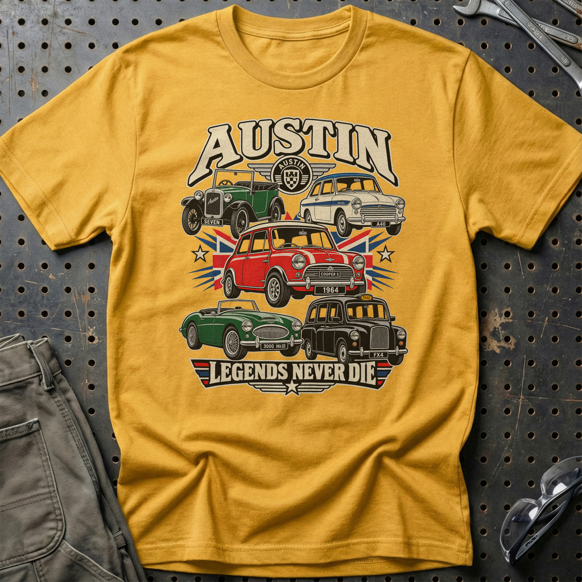 Austin Legends Never Die T-Shirt-Beklædning-Austin-Guld-S-Garage Culture Shop- garage - man cave - merchandise