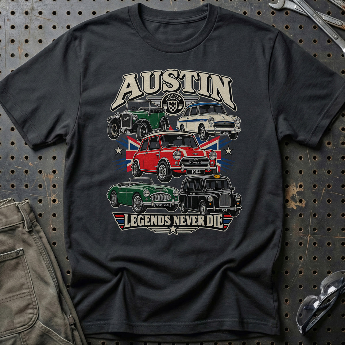 Austin Legends Never Die T-Shirt-Beklædning-Austin-Sort-S-Garage Culture Shop- garage - man cave - merchandise