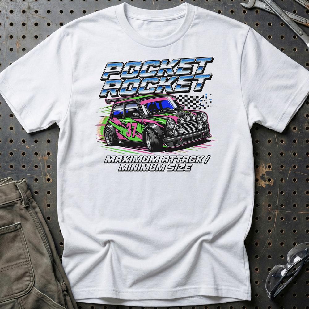 Austin Mini Pocket Rocket Maximum Attack T-Shirt-Beklædning-Austin-Hvid-S-Garage Culture Shop- garage - man cave - merchandise