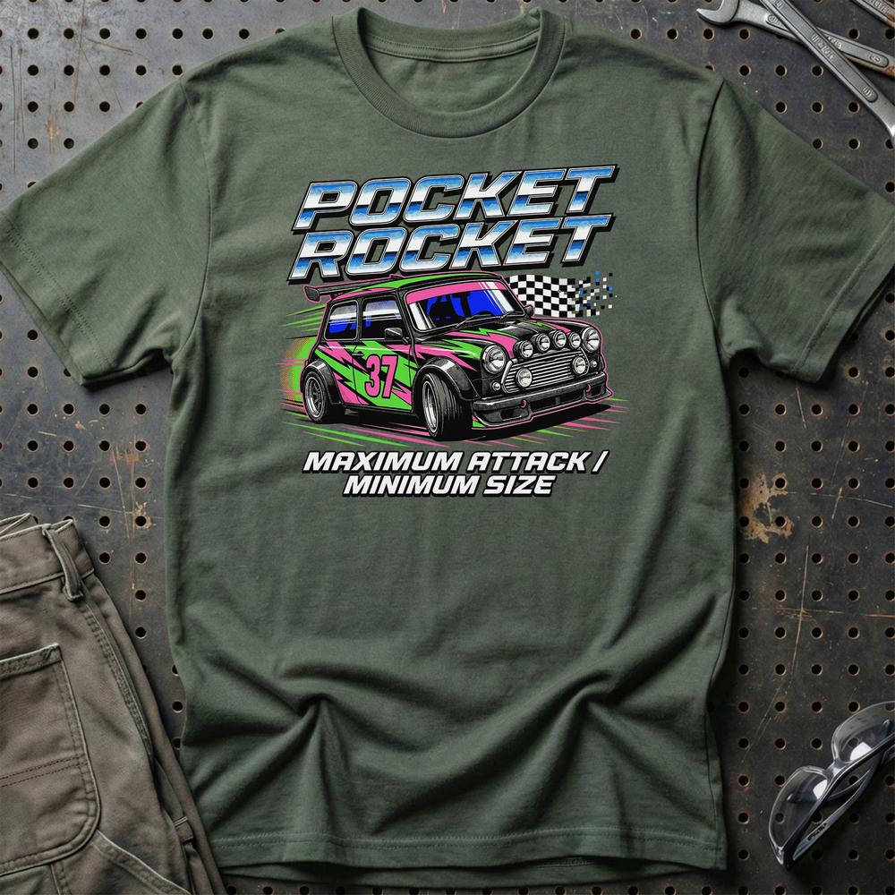 Austin Mini Pocket Rocket Maximum Attack T-Shirt-Beklædning-Austin-Grøn Militær-S-Garage Culture Shop- garage - man cave - merchandise