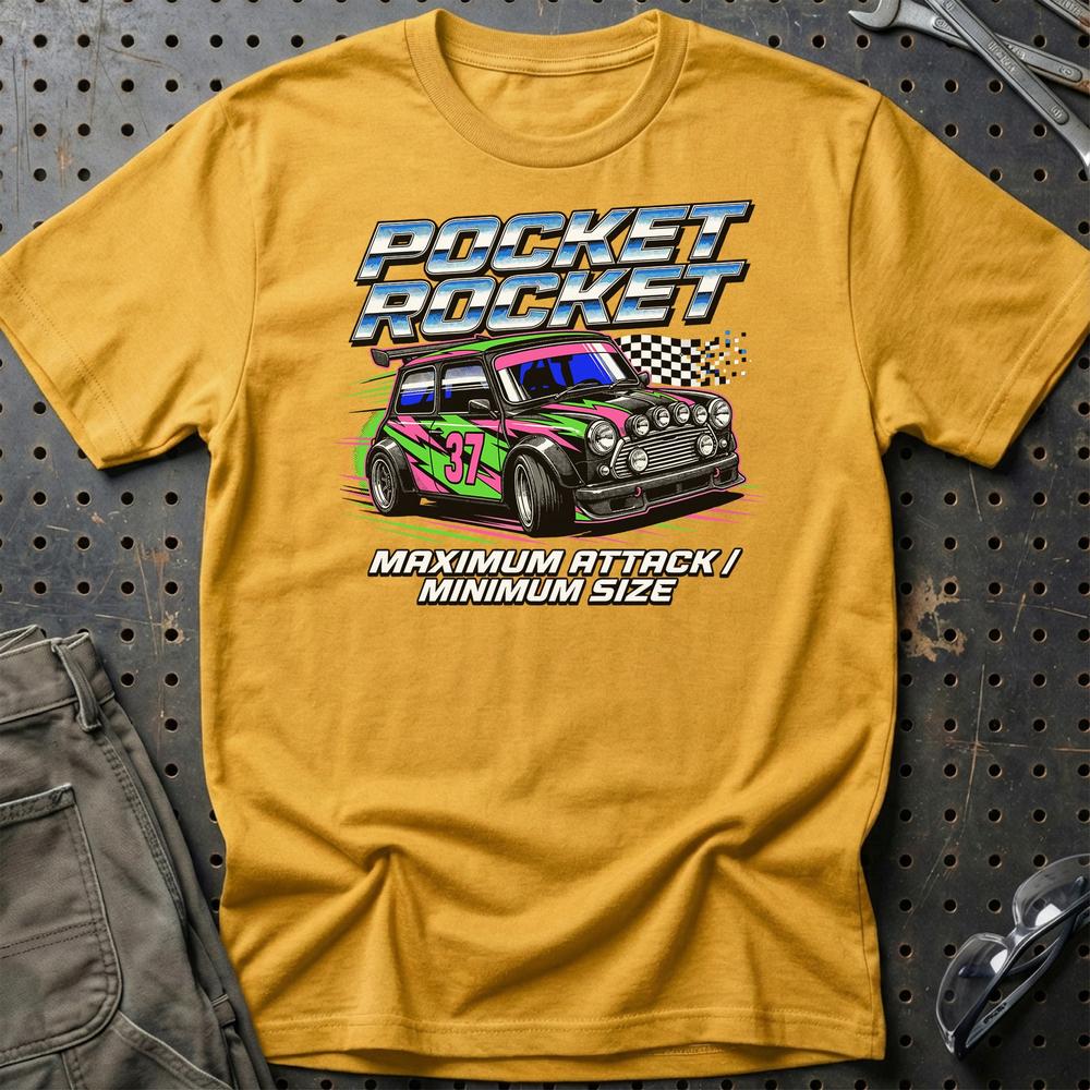 Austin Mini Pocket Rocket Maximum Attack T-Shirt-Beklædning-Austin-Guld-S-Garage Culture Shop- garage - man cave - merchandise