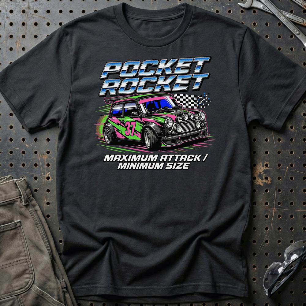 Austin Mini Pocket Rocket Maximum Attack T-Shirt-Beklædning-Austin-Sort-S-Garage Culture Shop- garage - man cave - merchandise