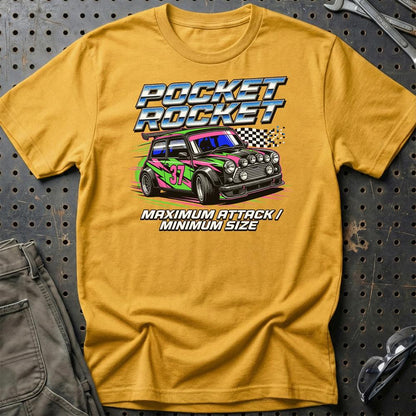 Austin Mini Pocket Rocket Maximum Attack - Unisex T-Shirt , Bomuld-Beklædning-Austin-Guld-S-Garage Culture Shop- garage - man cave - merchandise