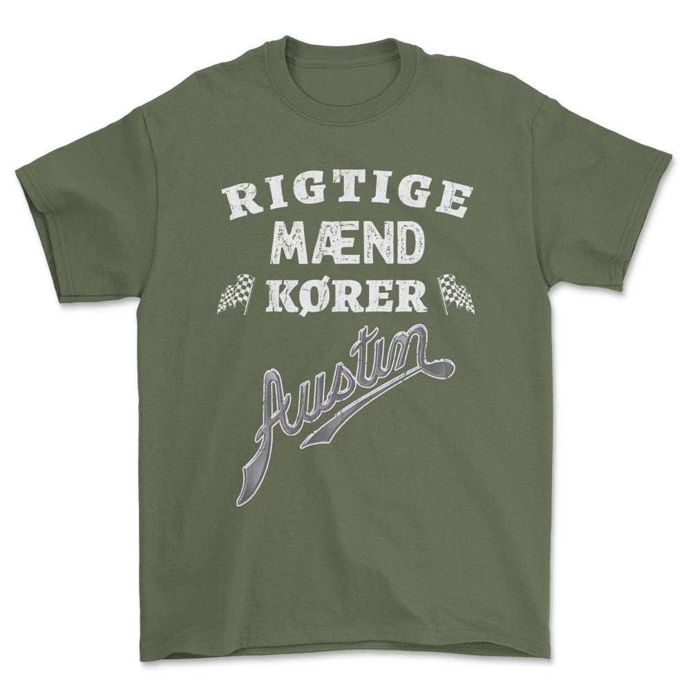 Austin Rigtige Mænd Kører Unisex T-Shirt , Bomuld-Beklædning-Austin-Grøn Militær-S-Forside-Garage Culture Shop- garage - man cave - merchandise