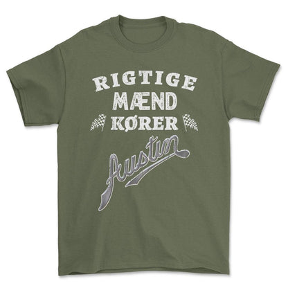 Austin Rigtige Mænd Kører Unisex T-Shirt , Bomuld-Beklædning-Austin-Grøn Militær-S-Forside-Garage Culture Shop- garage - man cave - merchandise