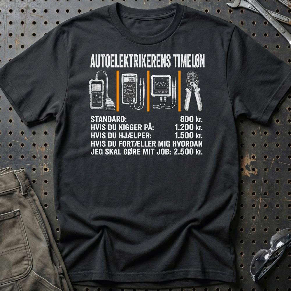 Autoelektrikerens Timeløn T-Shirt-Beklædning-Garage Culture-Sort-S-Garage Culture Shop- garage - man cave - merchandise