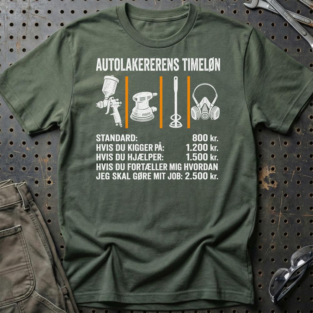 Autolakererens Timeløn - Unisex T-Shirt , Bomuld-Beklædning-Garage Culture-Grøn Militær-S-Garage Culture Shop- garage - man cave - merchandise