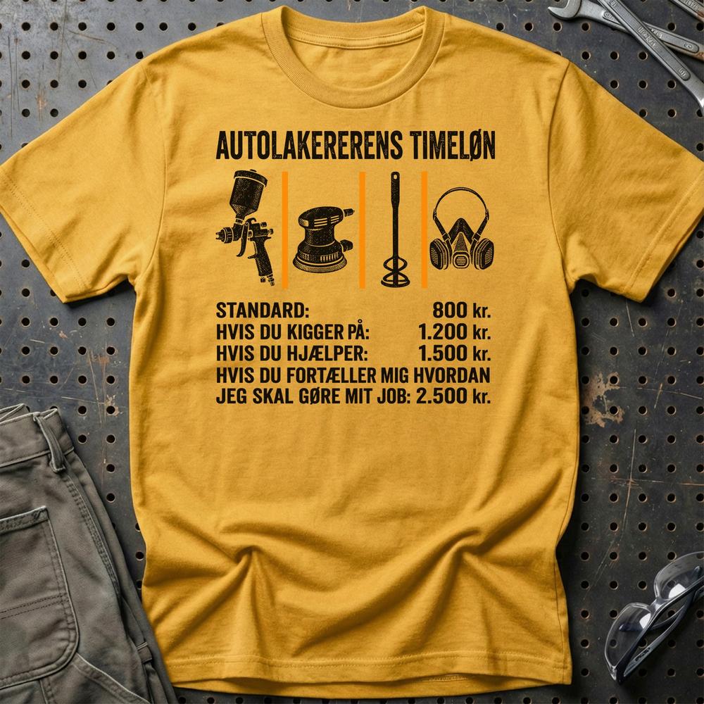 Autolakererens Timeløn - Unisex T-Shirt , Bomuld-Beklædning-Garage Culture-Guld-S-Garage Culture Shop- garage - man cave - merchandise