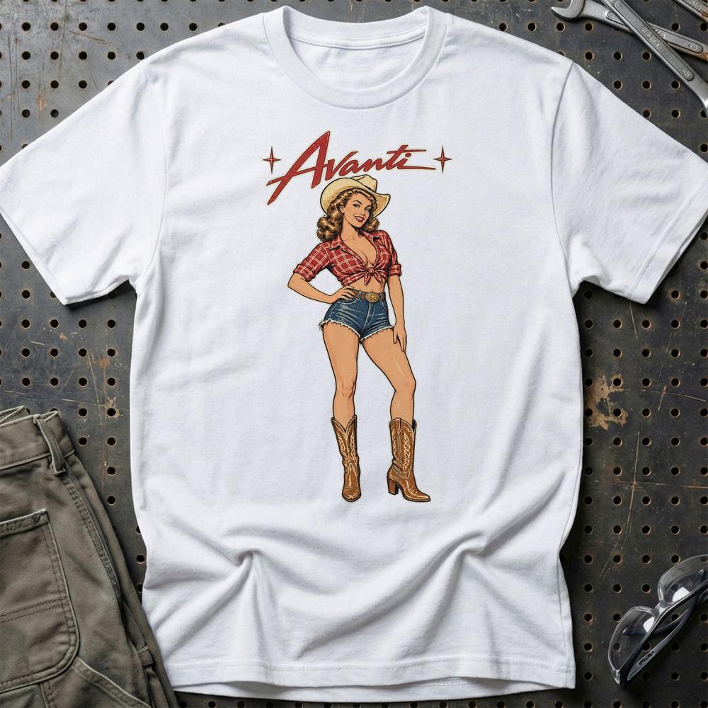 Avanti Cowboy Pinup T-Shirt-Beklædning-Avanti-Hvid-S-Garage Culture Shop- garage - man cave - merchandise