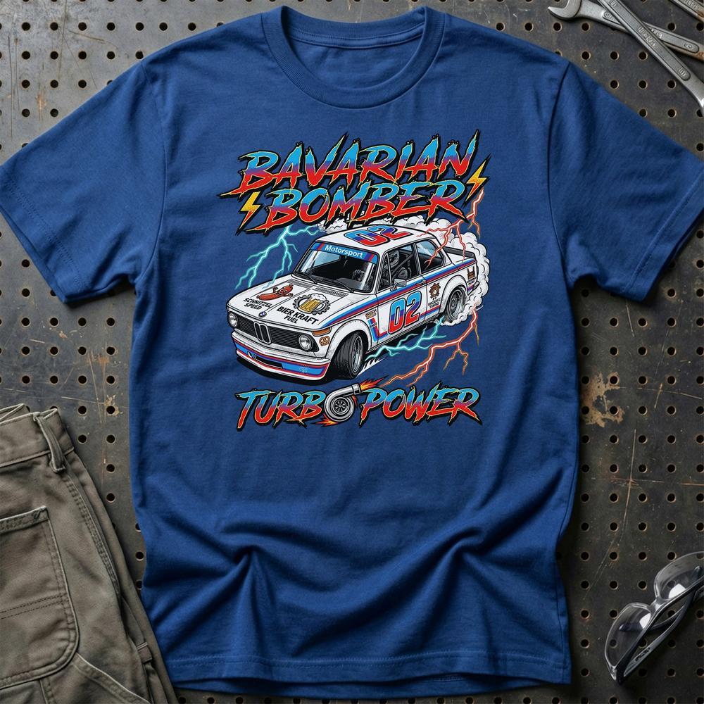 BMW 2002 Turbo T-Shirt - Bavarian Bomber | Klassisk Motorsport T-Shirt-Beklædning-BMW-Blå Royal-S-Garage Culture Shop- garage - man cave - merchandise