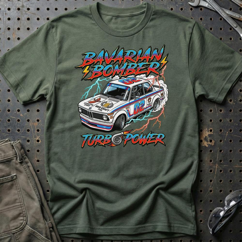 BMW 2002 Turbo T-Shirt - Bavarian Bomber | Klassisk Motorsport T-Shirt-Beklædning-BMW-Grøn Militær-S-Garage Culture Shop- garage - man cave - merchandise