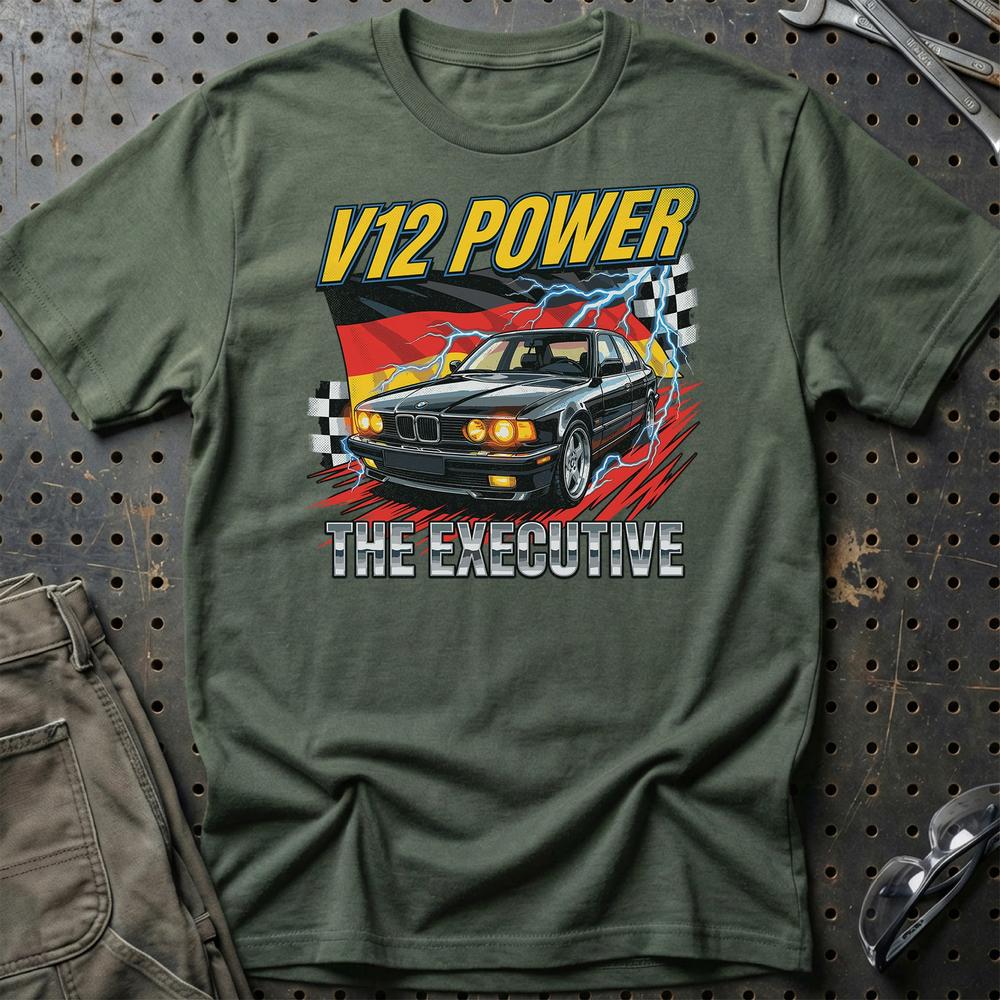 BMW 7 Serie E32 V12 Power Executive - Unisex T-Shirt-Beklædning-BMW-Grøn Militær-S-Garage Culture Shop- garage - man cave - merchandise