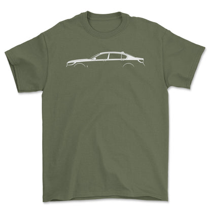 BMW 7 Series (G11) Silhuet - Unisex T-Shirt , Bomuld-Beklædning-BMW-Grøn Militær-S-Forside-Garage Culture Shop- garage - man cave - merchandise