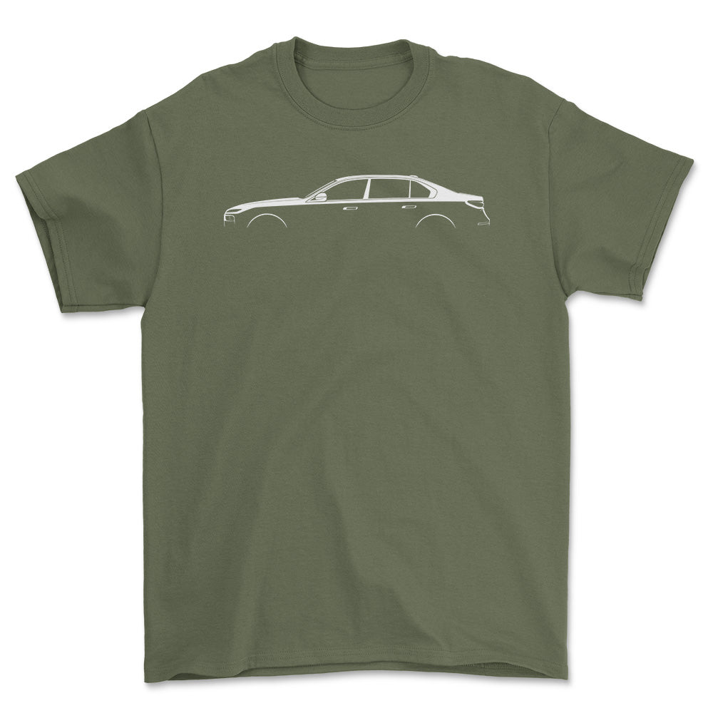 BMW 7 Series (G70) Silhuet - Unisex T-Shirt , Bomuld-Beklædning-BMW-Grøn Militær-S-Garage Culture Shop- garage - man cave - merchandise