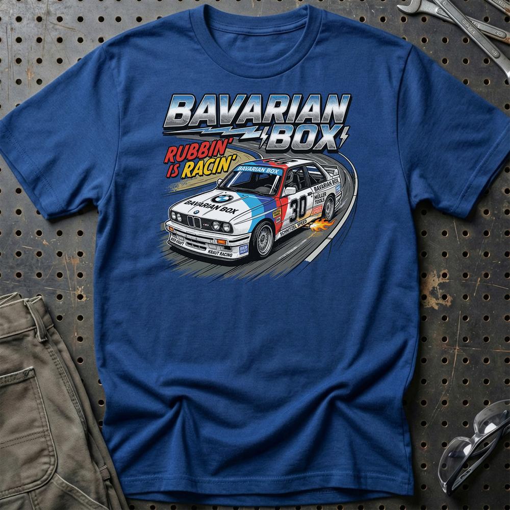 BMW Bavarian Box Racing T-Shirt – E30 Klassiker - Unisex T-Shirt-Beklædning-BMW-Blå Royal-S-Garage Culture Shop- garage - man cave - merchandise