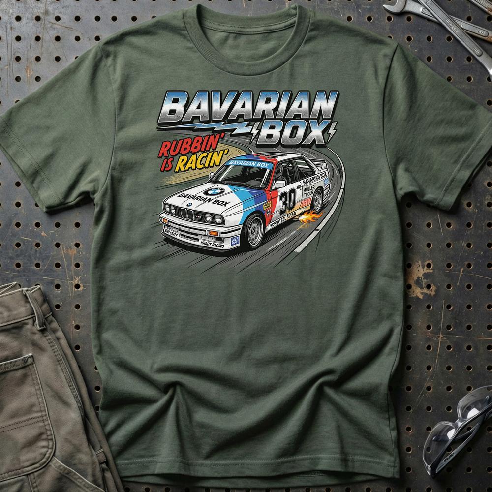 BMW Bavarian Box Racing T-Shirt – E30 Klassiker - Unisex T-Shirt-Beklædning-BMW-Grøn Militær-S-Garage Culture Shop- garage - man cave - merchandise