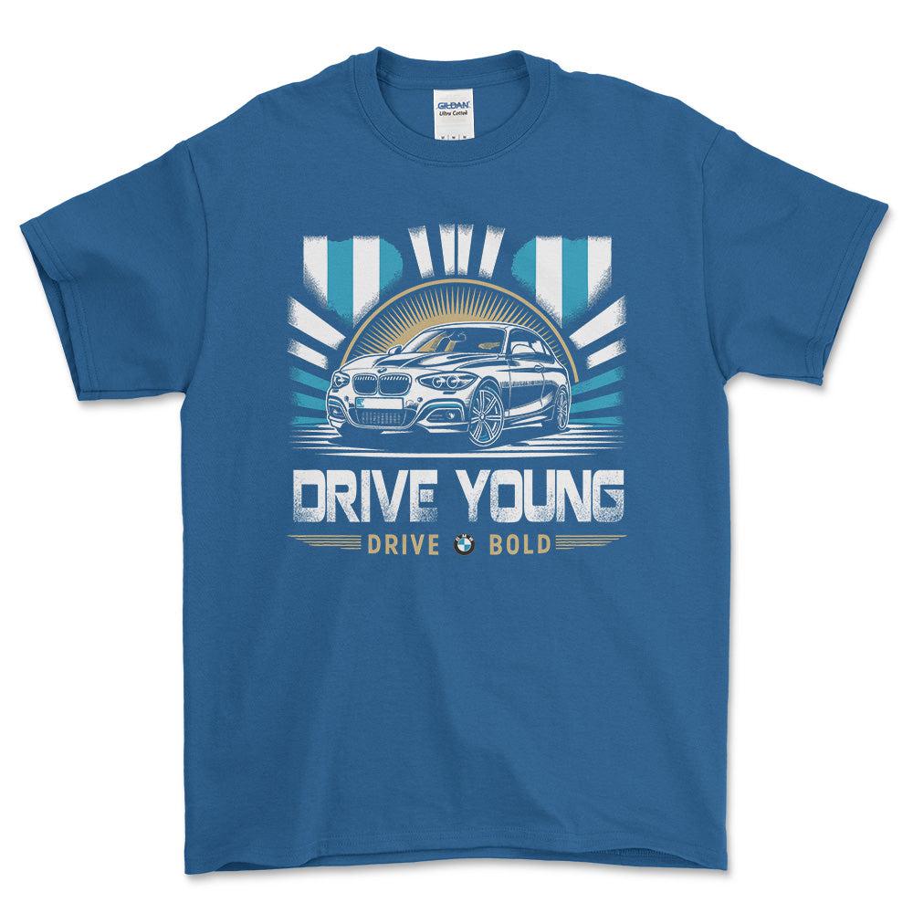 BMW - Drive Young Drive Bold - Unisex T-Shirt , Bomuld-Beklædning-BMW-Blå Royal-S-Forside-Garage Culture Shop- garage - man cave - merchandise