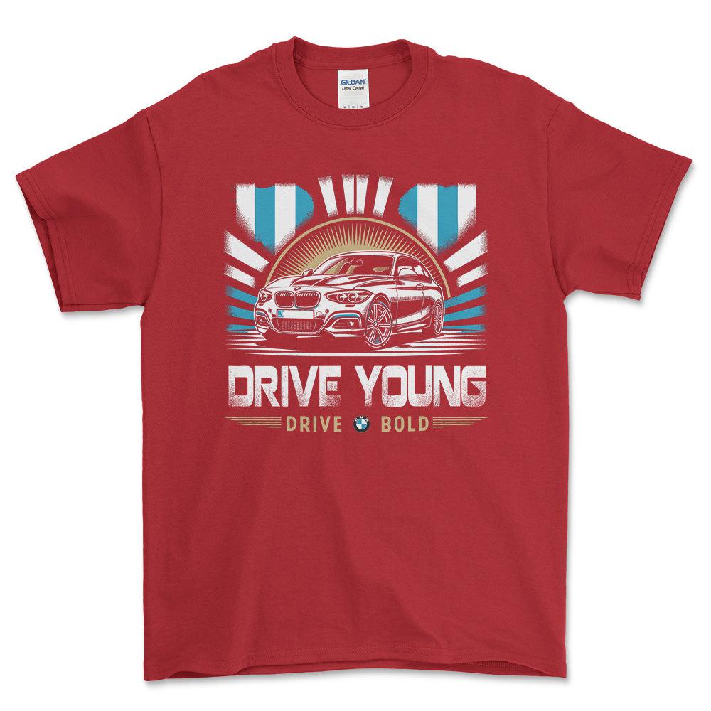 BMW - Drive Young Drive Bold - Unisex T-Shirt , Bomuld-Beklædning-BMW-Rød-S-Forside-Garage Culture Shop- garage - man cave - merchandise