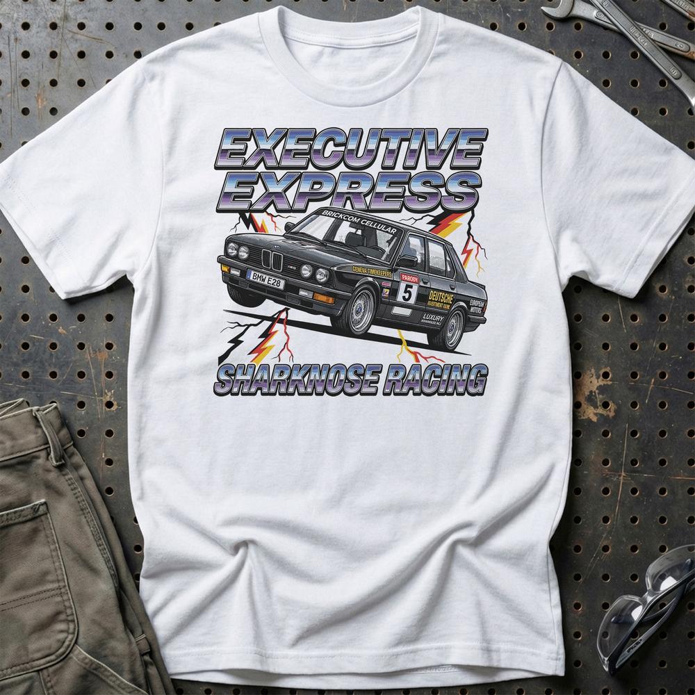 BMW E28 Sharknose Racing T-Shirt – Executive Express Edition - Unisex T-Shirt-Beklædning-BMW-Hvid-S-Garage Culture Shop- garage - man cave - merchandise