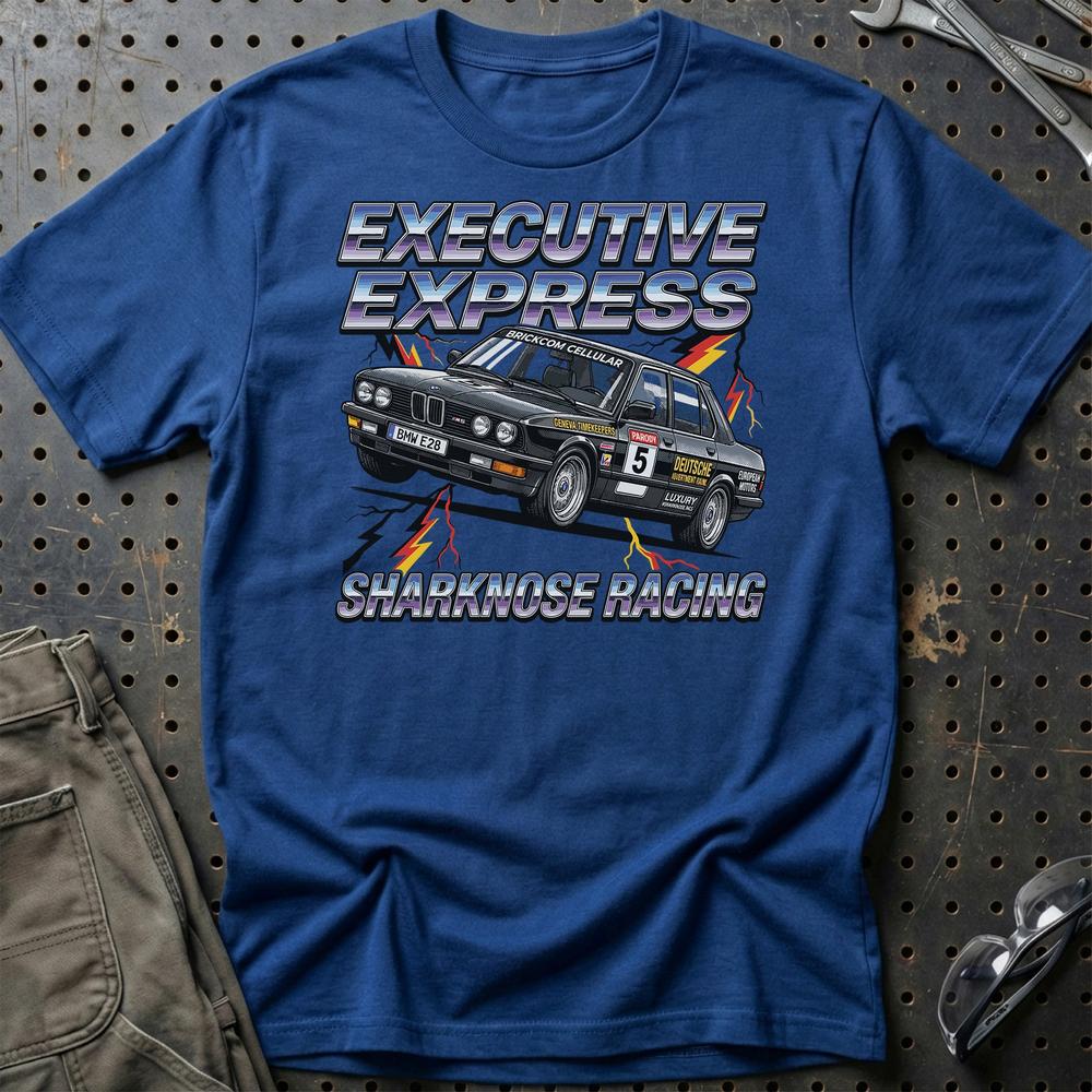 BMW E28 Sharknose Racing T-Shirt – Executive Express Edition - Unisex T-Shirt-Beklædning-BMW-Blå Royal-S-Garage Culture Shop- garage - man cave - merchandise
