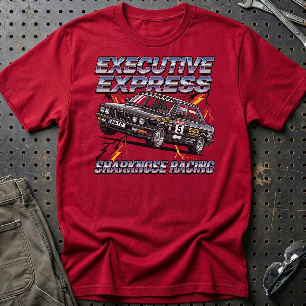 BMW E28 Sharknose Racing T-Shirt – Executive Express Edition - Unisex T-Shirt-Beklædning-BMW-Rød-S-Garage Culture Shop- garage - man cave - merchandise