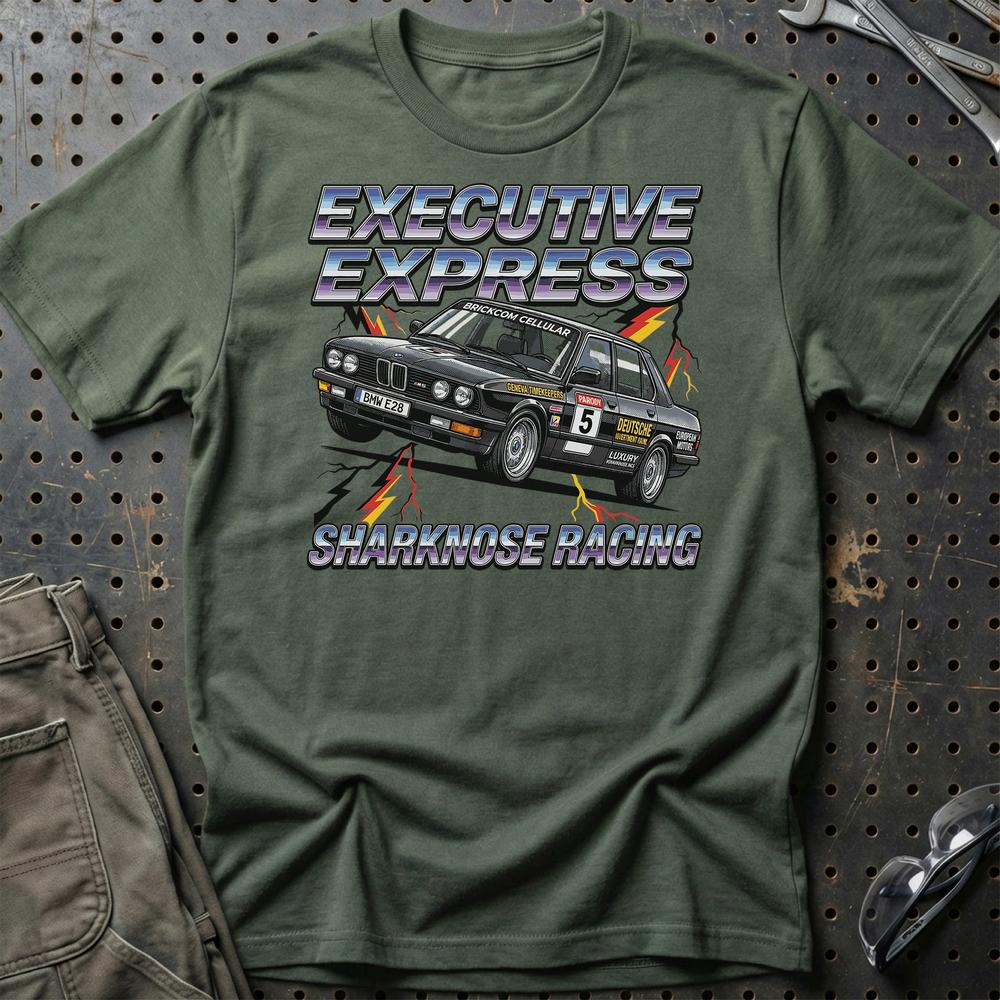 BMW E28 Sharknose Racing T-Shirt – Executive Express Edition - Unisex T-Shirt-Beklædning-BMW-Grøn Militær-S-Garage Culture Shop- garage - man cave - merchandise