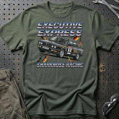 BMW E28 Sharknose Racing T-Shirt – Executive Express Edition - Unisex T-Shirt-Beklædning-BMW-Grøn Militær-S-Garage Culture Shop- garage - man cave - merchandise
