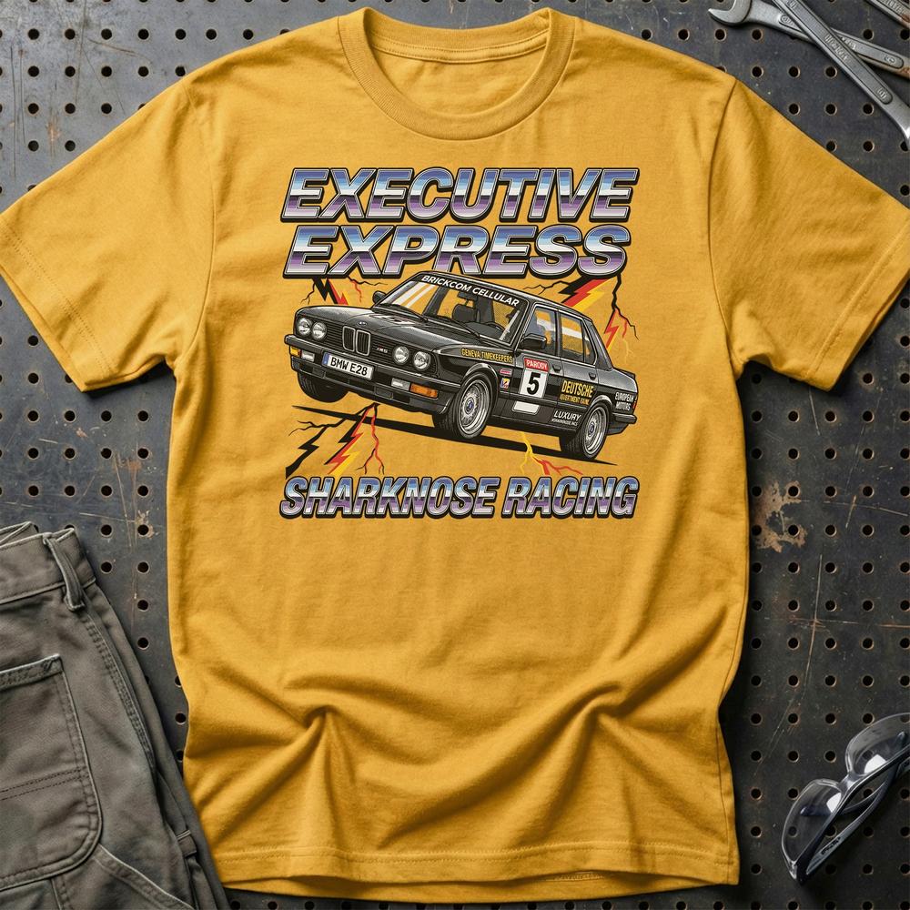 BMW E28 Sharknose Racing T-Shirt – Executive Express Edition - Unisex T-Shirt-Beklædning-BMW-Guld-S-Garage Culture Shop- garage - man cave - merchandise