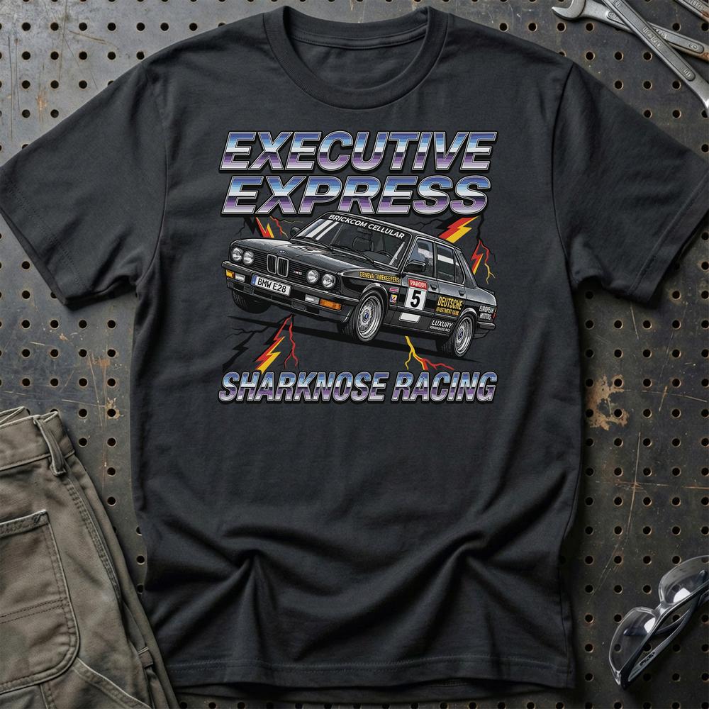 BMW E28 Sharknose Racing T-Shirt – Executive Express Edition - Unisex T-Shirt-Beklædning-BMW-Sort-S-Garage Culture Shop- garage - man cave - merchandise