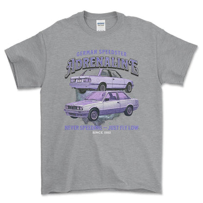 BMW E30 Andrenaline - Unisex T-Shirt , Bomuld-Beklædning-BMW-Grå Sport-S-Forside-Garage Culture Shop- garage - man cave - merchandise