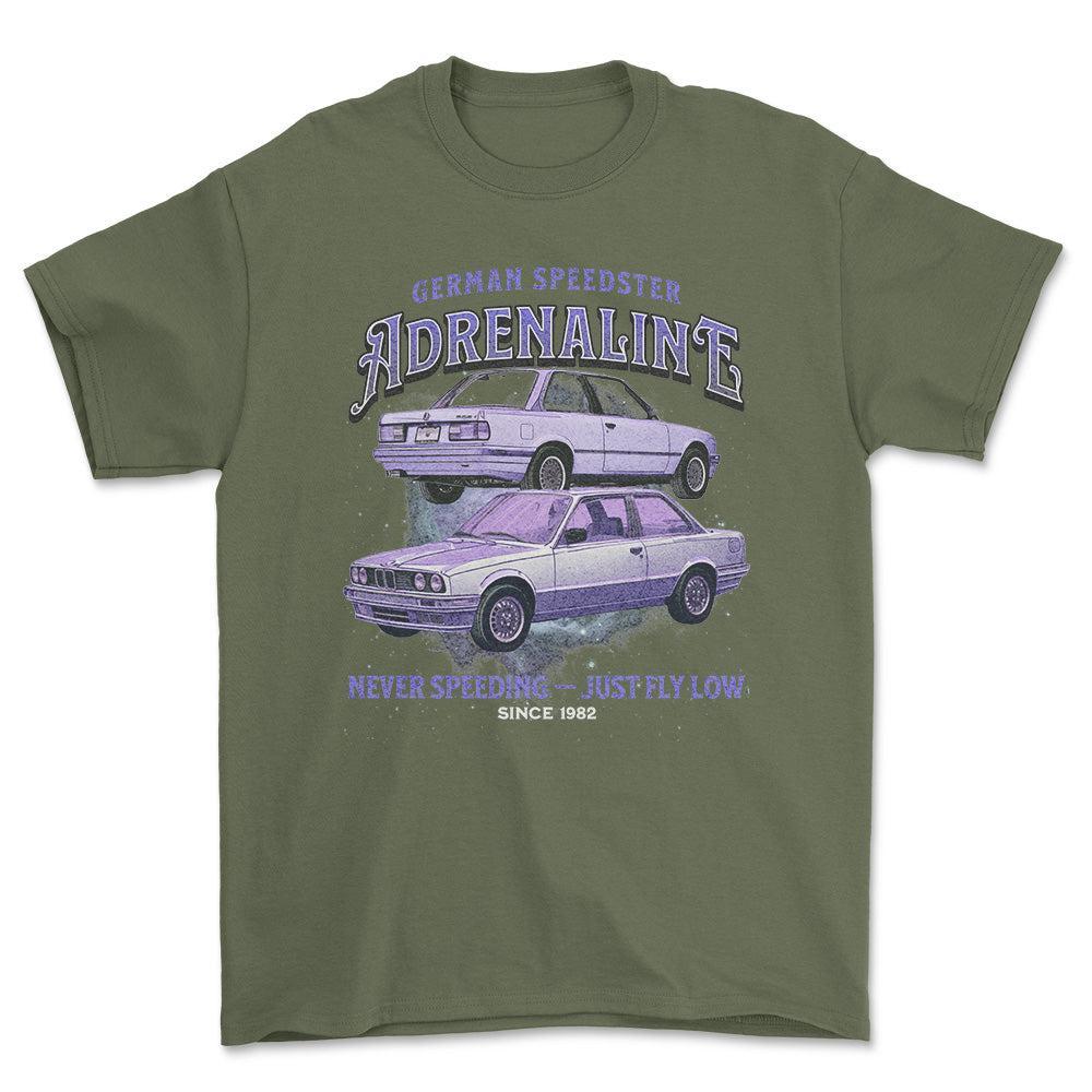 BMW E30 Andrenaline - Unisex T-Shirt , Bomuld-Beklædning-BMW-Grøn Militær-S-Forside-Garage Culture Shop- garage - man cave - merchandise