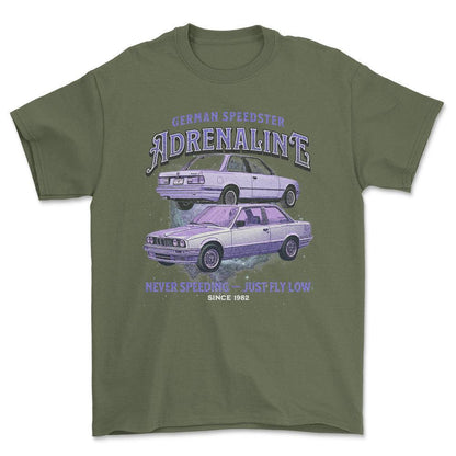 BMW E30 Andrenaline - Unisex T-Shirt , Bomuld-Beklædning-BMW-Grøn Militær-S-Forside-Garage Culture Shop- garage - man cave - merchandise