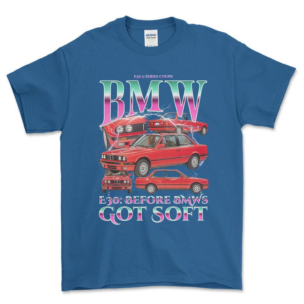 BMW E30 - Bootleg Style Unisex T-Shirt , Bomuld-Beklædning-BMW-Blå Royal-S-Forside-Garage Culture Shop- garage - man cave - merchandise