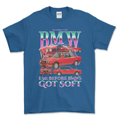 BMW E30 - Bootleg Style Unisex T-Shirt , Bomuld-Beklædning-BMW-Blå Royal-S-Forside-Garage Culture Shop- garage - man cave - merchandise