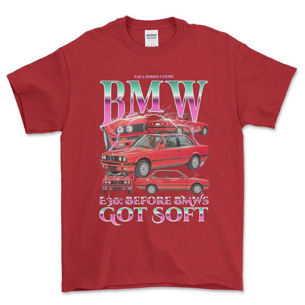 BMW E30 - Bootleg Style Unisex T-Shirt , Bomuld-Beklædning-BMW-Rød-S-Forside-Garage Culture Shop- garage - man cave - merchandise