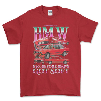 BMW E30 - Bootleg Style Unisex T-Shirt , Bomuld-Beklædning-BMW-Rød-S-Forside-Garage Culture Shop- garage - man cave - merchandise