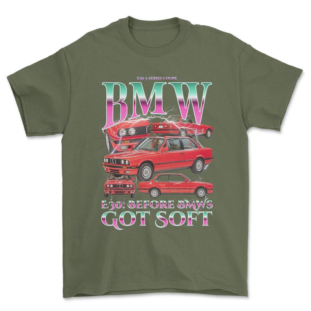 BMW E30 - Bootleg Style Unisex T-Shirt , Bomuld-Beklædning-BMW-Grøn Militær-S-Forside-Garage Culture Shop- garage - man cave - merchandise