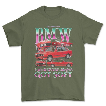 BMW E30 - Bootleg Style Unisex T-Shirt , Bomuld-Beklædning-BMW-Grøn Militær-S-Forside-Garage Culture Shop- garage - man cave - merchandise