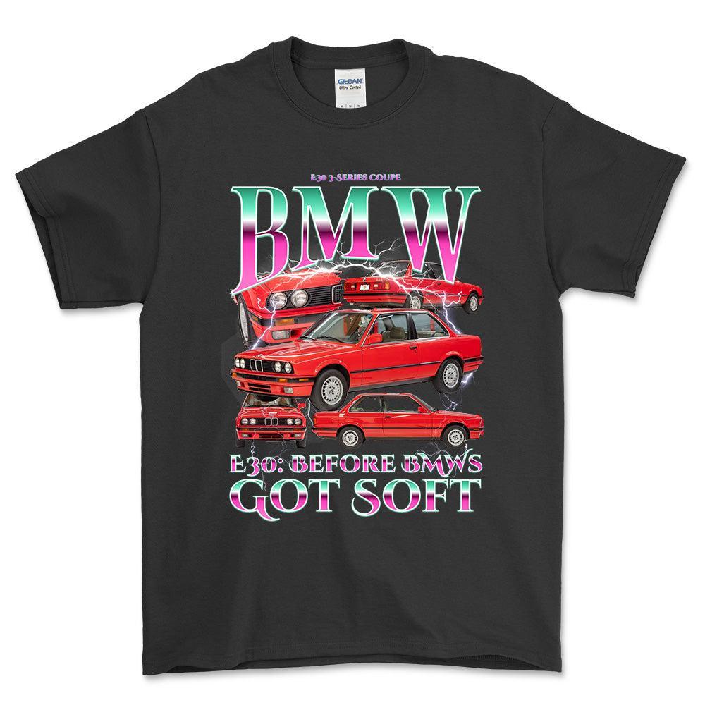 BMW E30 - Bootleg Style Unisex T-Shirt , Bomuld-Beklædning-BMW-Sort-S-Forside-Garage Culture Shop- garage - man cave - merchandise